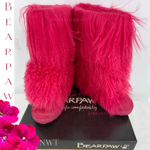 Bearpaw Hot Pink Mongolian Rabbit & Shearling Rabbit Tall Waterproof Boots NWT - Picture 1 of 16